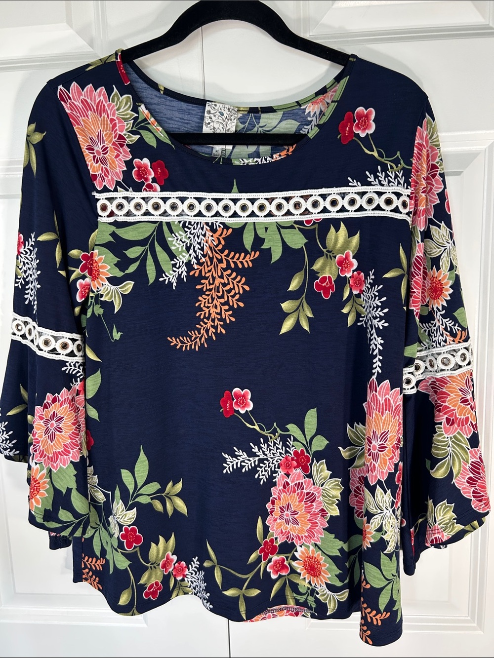 NAIF Navy Floral Long Sleeve Top with Lace Trim